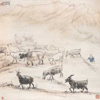 赵望云 壬申（1932年）作 牧羊图 立轴